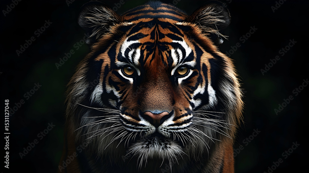 Fototapeta premium Close-up of a tiger's face in a dramatic lighting setup.