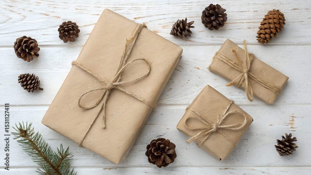 Rustic Holiday Gifts Wrapped in Kraft Paper with Pinecones Rustic Holiday Gifts Wrapped in Kraft Paper with Pinecones