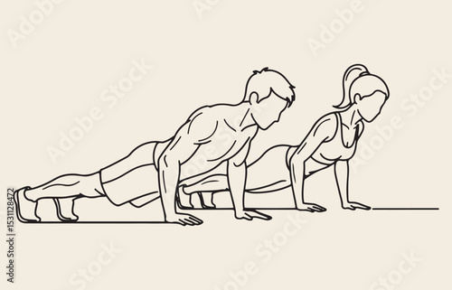 A minimalist line art illustration featuring a simple couple figure performing a push-up exercise.