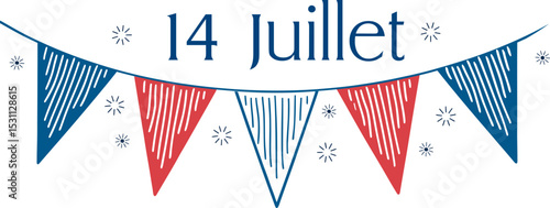 14 Juillet, fête nationale, guirlande tricolore bleu, blanc, rouge, avec des drapeaux en forme de triangle