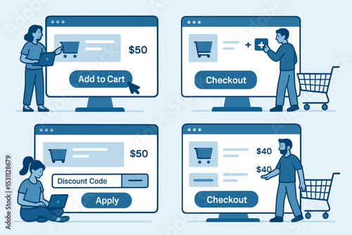 Effortless Online Shopping. Shopping cart experience. Vector illustration of users adding items to cart, adjusting quantities, and