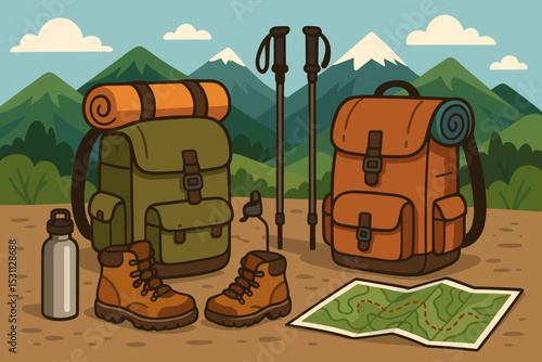 Hiking Gear Essentials. Adventure travel preparation. Vector illustration of hiking gear, backpacks, water bottles, and trail maps