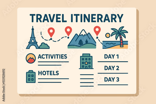 Comprehensive Travel Plan. Travel itinerary. Vector illustration of organized travel plan with destinations, activities, hotel