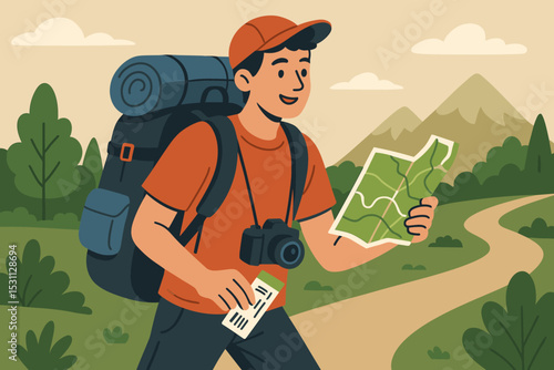 Backpacking Adventure Scene. Backpacking adventure. Vector illustration of young traveler with large backpack, map, camera, and