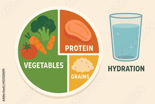 Balanced Meal Plate. Vector illustration of balanced meal plate with proteins, grains, vegetables, and hydration glass