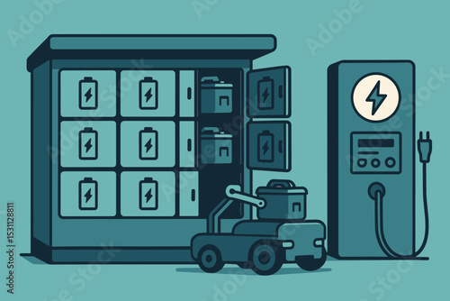 EV Battery Swap Station. Vector illustration of EV battery swap station with open lockers, swap robot, and charging panel