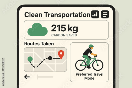 Eco-Friendly Transport App. Vector illustration of clean transportation app interface showing carbon saved, routes taken, and