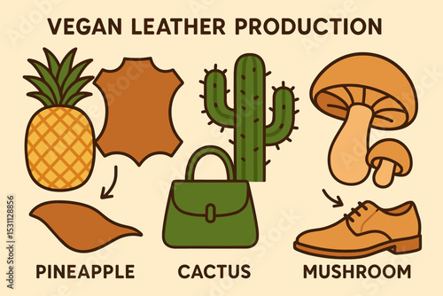 Vegan Leather Creation. Illustration in vector style of vegan leather production made from pineapple, cactus, and mushroom