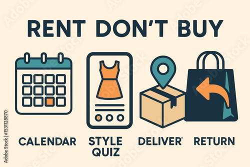 Fashion Rental App. Rent don’t buy — Vector illustration of fashion rental app showing calendar, style quiz, delivery package, and
