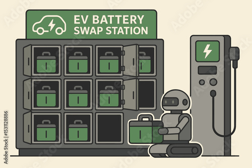 EV Battery Swap Station. Vector illustration of EV battery swap station with open lockers, swap robot, and charging panel