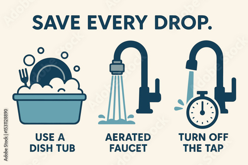 Kitchen Water-Saving Tips. Save every drop — Vector illustration of kitchen water-saving tips, dish tub, aerated faucet, and