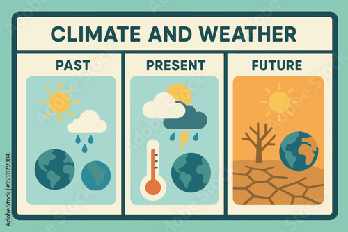 Climate Change Timeline. Vector illustration of climate and weather comparison board with past/present/future visual columns and