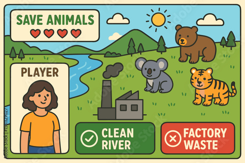 Animal Rescue Game Interface. Vector illustration of game interface showing player saving animals by making smart environmental