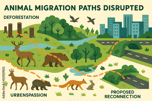 Deforestation Impacts Wildlife Paths. Vector illustration of animal migration paths disrupted by deforestation, urban expansion,