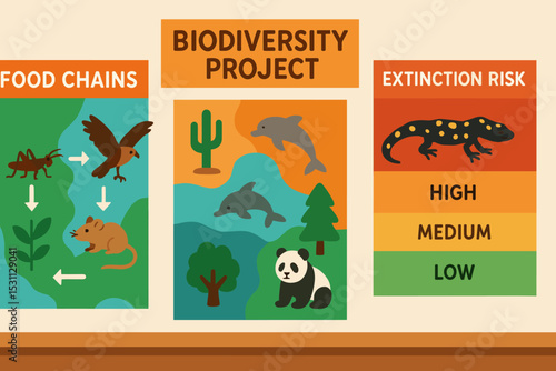 Classroom Biodiversity Maps. Vector illustration of classroom biodiversity project showing food chains, habitats, and extinction