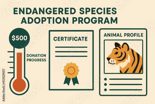Endangered Species Adoption. Vector illustration of endangered species adoption program showing donation progress, certificate,
