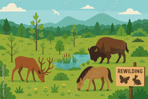 Rewilding Landscape with Wildlife. Vector illustration of rewilding landscape with free-roaming herbivores, new tree growth,