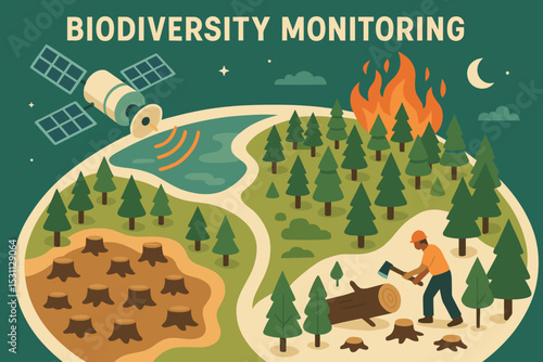 Satellite Mapping Monitoring. Vector illustration of biodiversity monitoring satellite mapping deforestation, wildfires, and