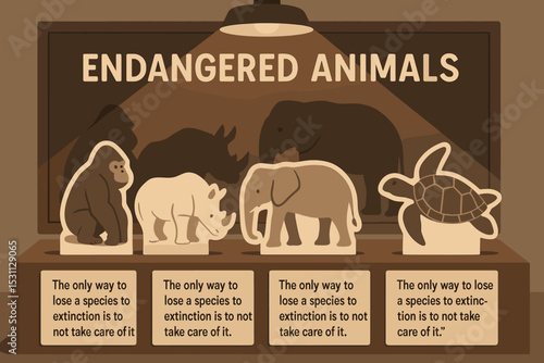 Endangered Animals Display. Vector illustration of endangered animals shadow display project with cutouts, spotlight, and