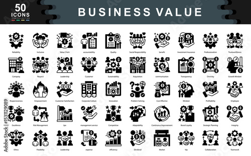 The Business Value black icon set defines key drivers of success such as leadership, responsibility, and performance, ideal for strategic planning, stakeholder engagement, and brand identity.