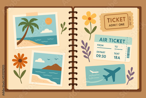 Vacation Scrapbook Memories. Vector illustration of vacation memory scrapbook showing printed beach photos, pressed flowers, and