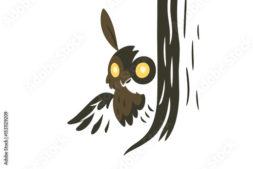 Mystical Forest Creature. Vector illustration of a forest creature peeking from behind a tree — a blend of rabbit, bird, and