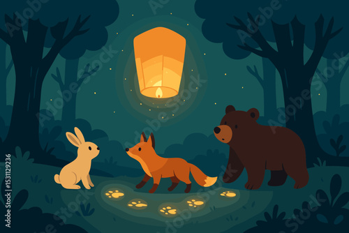 Floating Lantern Adventure. Vector illustration of a floating lantern drifting between trees, followed by curious animals and