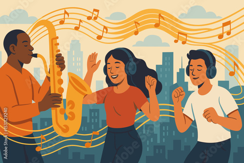 Urban Music Vibes. Vector illustration of music in the streets: saxophone player, headphone dancers, and city rhythm flowing