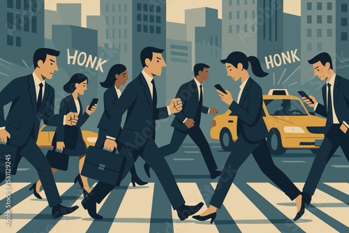 Business Rush Hour. Vector illustration of business rush hour with people in suits crossing fast, taxis, honking, and scrolling