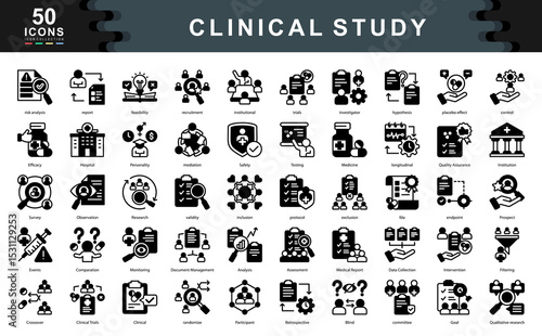 The Clinical Study bkack icon set highlights essential elements of scientific trials and medical research.ideal for illustrating protocols, data validation, risk evaluation, and regulatory compliance.