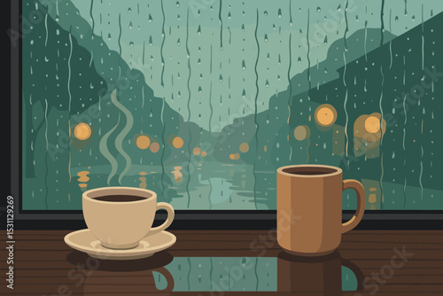 Rainy Cafe Serenity. Vector illustration of rainy day outside a cafe window with blurred lights, hot drinks on table, and calm