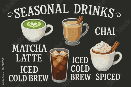 Seasonal Drink Selection. Vector illustration of seasonal drink board with chalk lettering: matcha latte, chai, iced cold brew,