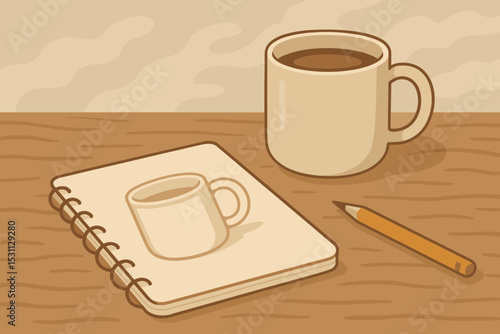 Weekend Coffee Sketch. Vector illustration of weekend coffee-and-sketch moment with sketchbook, pencil, reference mug, and gentle