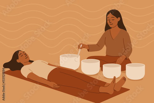 Sound Bath Harmony. Vector illustration of sound bath session with crystal bowls, participant lying down, and gentle energy waves