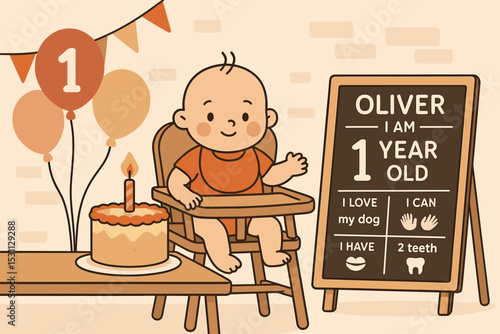 First Birthday Bash. Vector illustration of first birthday celebration with baby high chair, smash cake, and milestone board