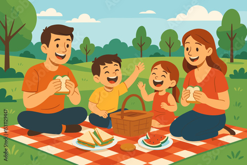 Family Picnic Fun. Vector illustration of family picnic in the park with blanket, basket, sandwiches, and laughing children