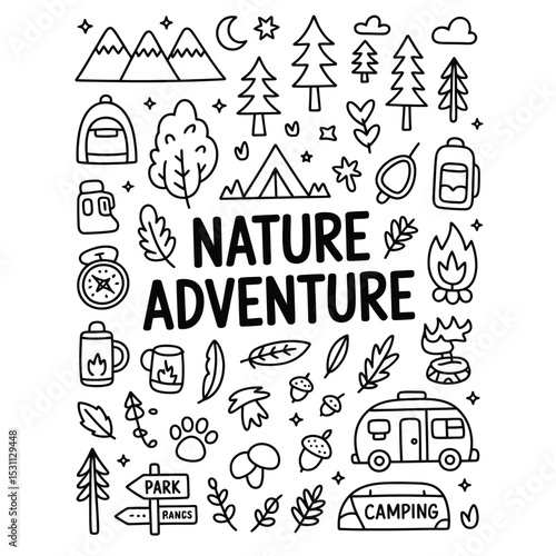 a whimsical hand-drawn doodle collection celebrating nature and outdoor adventures with playful 'nature adventure' lettering