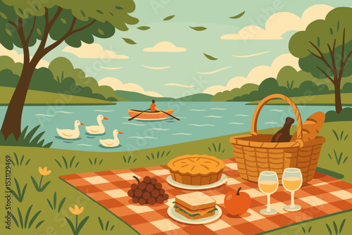 Lake Picnic Serenity. Vector illustration of picnic at the lake with ducks, rowing boat in the background, and gentle breeze