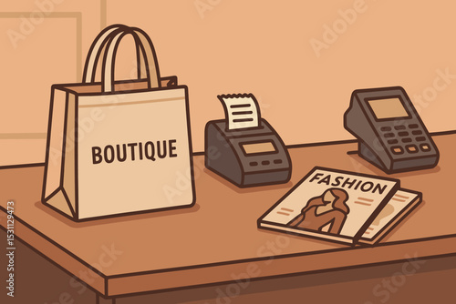 Boutique Checkout Counter. Vector illustration of boutique checkout counter with fabric shopping bag, receipt printer, and fashion