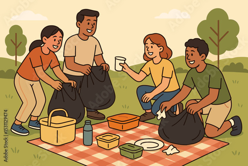 Picnic Cleanup Teamwork. Vector illustration of picnic cleanup moment with trash bags, reusable containers, and teamwork smiles