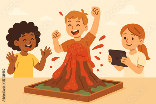 Volcano Experiment Excitement. Vector illustration of volcano model erupting with red foam as students cheer and document results