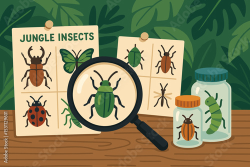 Jungle Insect Study. Vector illustration of jungle insect study with magnifying glass, specimen jars, and bug charts