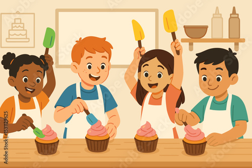 Kids Decorating Cupcakes. Vector illustration of pastry decorating class with kids frosting cupcakes and holding colorful spatulas