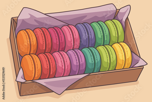 Colorful Macarons Display. Vector illustration of macarons in gradient colors arranged perfectly in a box with tissue paper