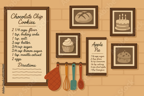 Bakery Wall Art. Vector illustration of bakery wall decor with old recipes, framed photos, and colorful utensils