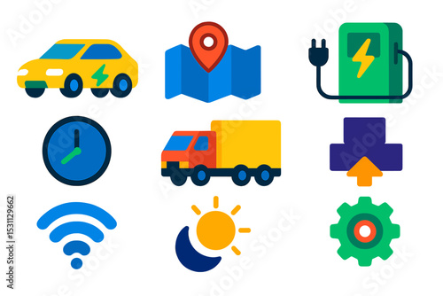 Electric Fleet Charging. Isometric flat vector illustration of an electric vehicle fleet charging in a smart logistics depot at