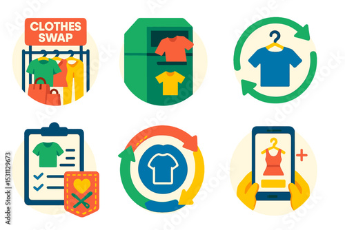 Circular Fashion Icons. Isometric flat vector set of illustrations of circular fashion elements: clothes swap station, textile