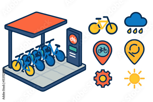 Bike Share Hub. Isometric flat vector illustration of a weather-protected bike share hub with roof shelter and smart signage. No