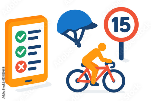 Bike Safety Icons. Isometric flat vector illustration of a digital safety checklist for bike share riders with helmet reminder and