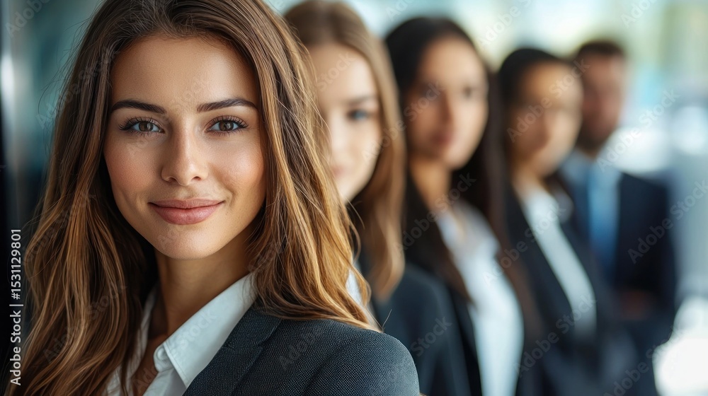 A confident businesswoman standing in a row with her colleagues, all dressed in professional attire. A confident businesswoman standing in a row with her colleagues, all dressed in professional attire.